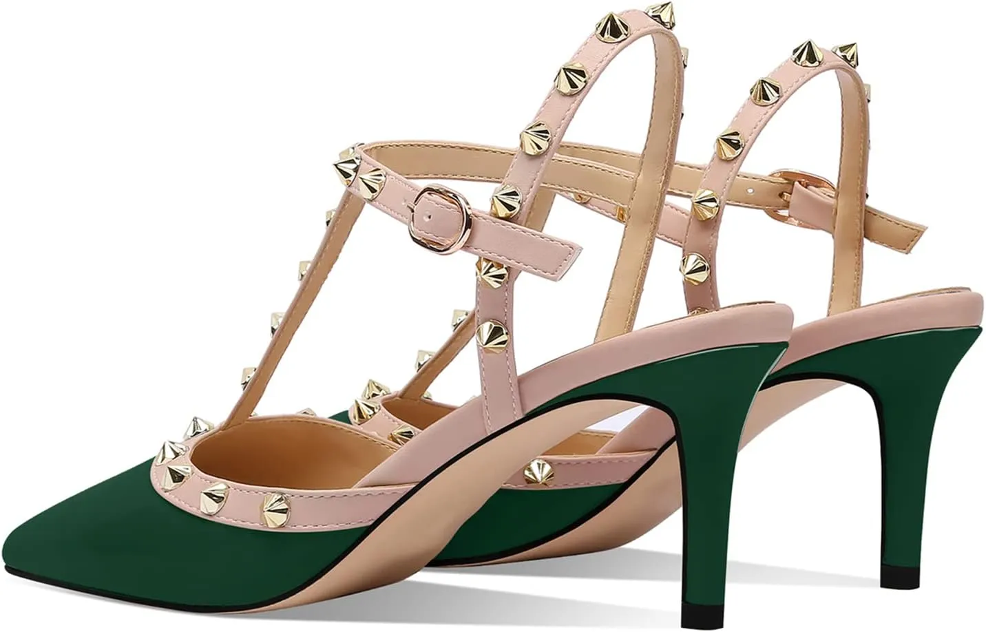 XINIUNIU Studded Heels for Women Kitten Heels with Studs Stiletto Sandals with Rivet Ankle Strap Patent Leather Pointy Toe 2.5 Inch Party Daily Wear Evening Sandals