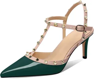 XINIUNIU Studded Heels for Women Kitten Heels with Studs Stiletto Sandals with Rivet Ankle Strap Patent Leather Pointy Toe 2.5 Inch Party Daily Wear Evening Sandals