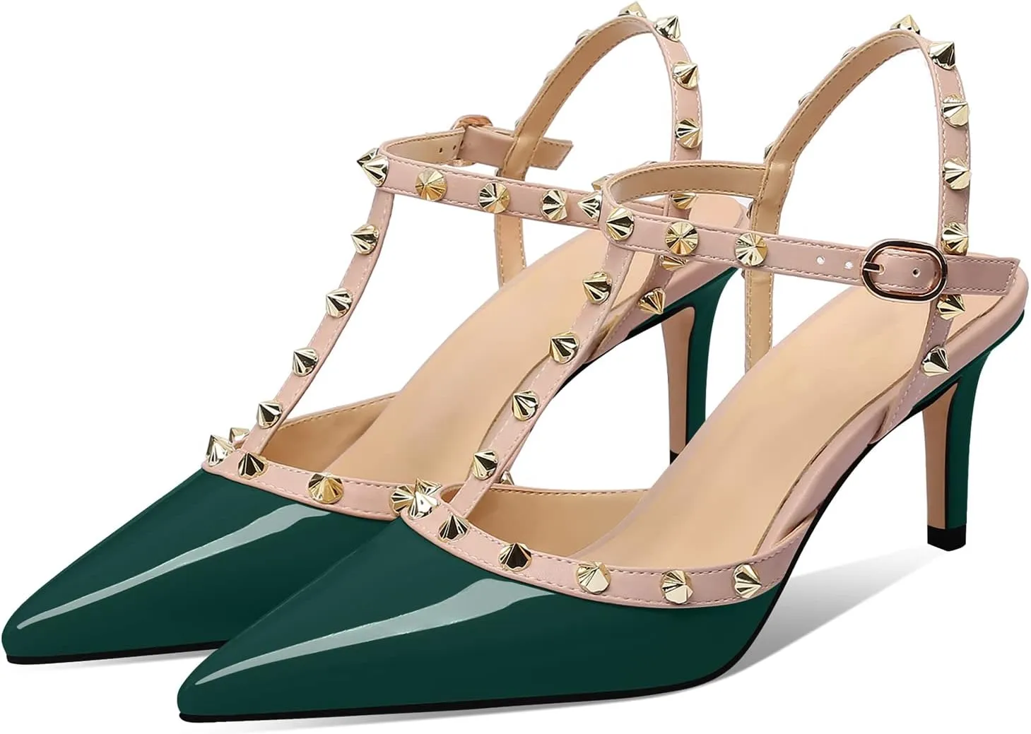 XINIUNIU Studded Heels for Women Kitten Heels with Studs Stiletto Sandals with Rivet Ankle Strap Patent Leather Pointy Toe 2.5 Inch Party Daily Wear Evening Sandals