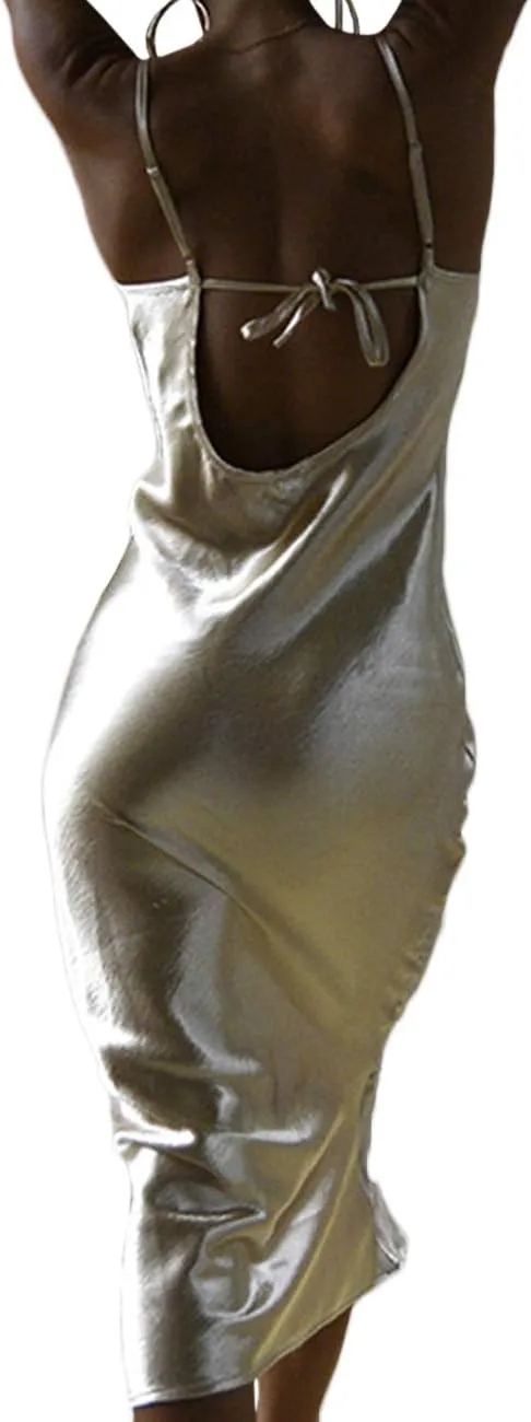 xxxiticat Women's Sleeveless Spaghetti Strap Satin Dress Cocktail Beach Evening Party Cowl Neck Back Tie Up Maxi Dresses