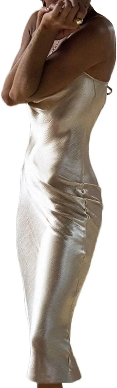 xxxiticat Women's Sleeveless Spaghetti Strap Satin Dress Cocktail Beach Evening Party Cowl Neck Back Tie Up Maxi Dresses