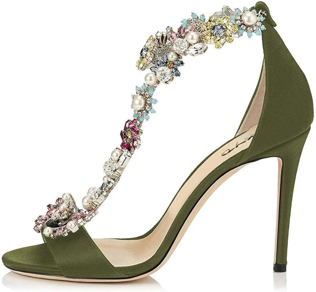 XYD Party Evening High Heel Shoes Stilettos Wedding Rhinestones Sandals T-Strap Crystal Prom Open Toe Satin Pumps for Women
