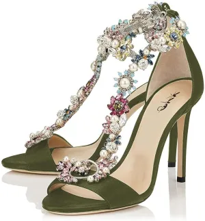 XYD Party Evening High Heel Shoes Stilettos Wedding Rhinestones Sandals T-Strap Crystal Prom Open Toe Satin Pumps for Women