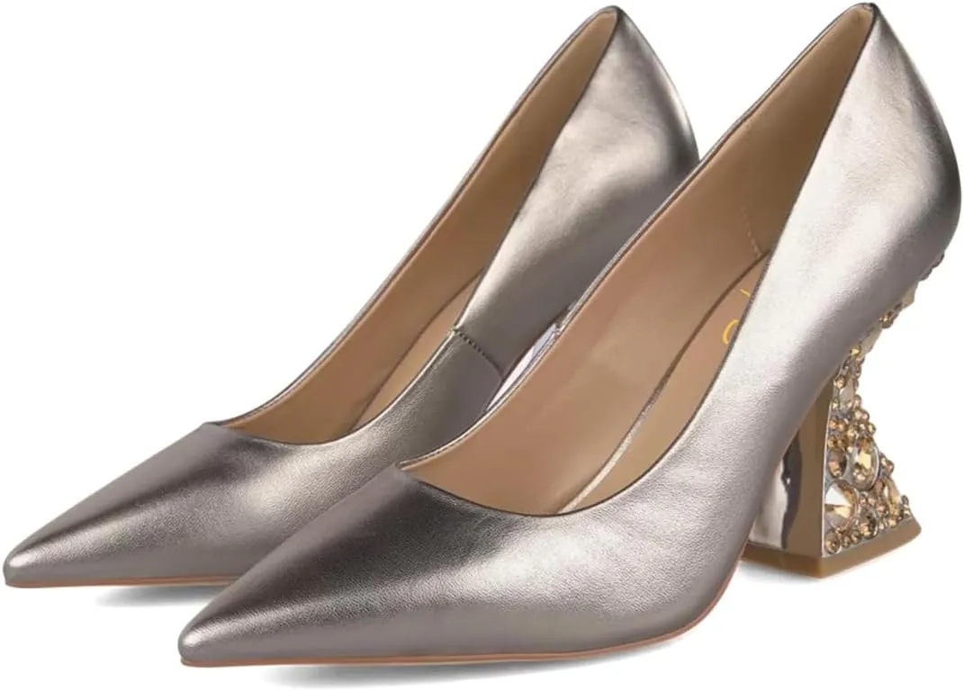 XYD Women Closed Pointed Toe Pumps Bejeweled Rhinestone Flared High Heels Slip On Evening Prom Sparkle Shoes