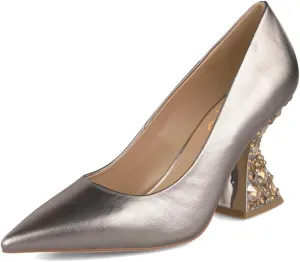 XYD Women Closed Pointed Toe Pumps Bejeweled Rhinestone Flared High Heels Slip On Evening Prom Sparkle Shoes