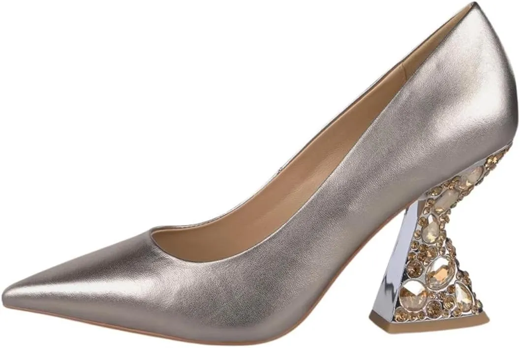XYD Women Closed Pointed Toe Pumps Bejeweled Rhinestone Flared High Heels Slip On Evening Prom Sparkle Shoes