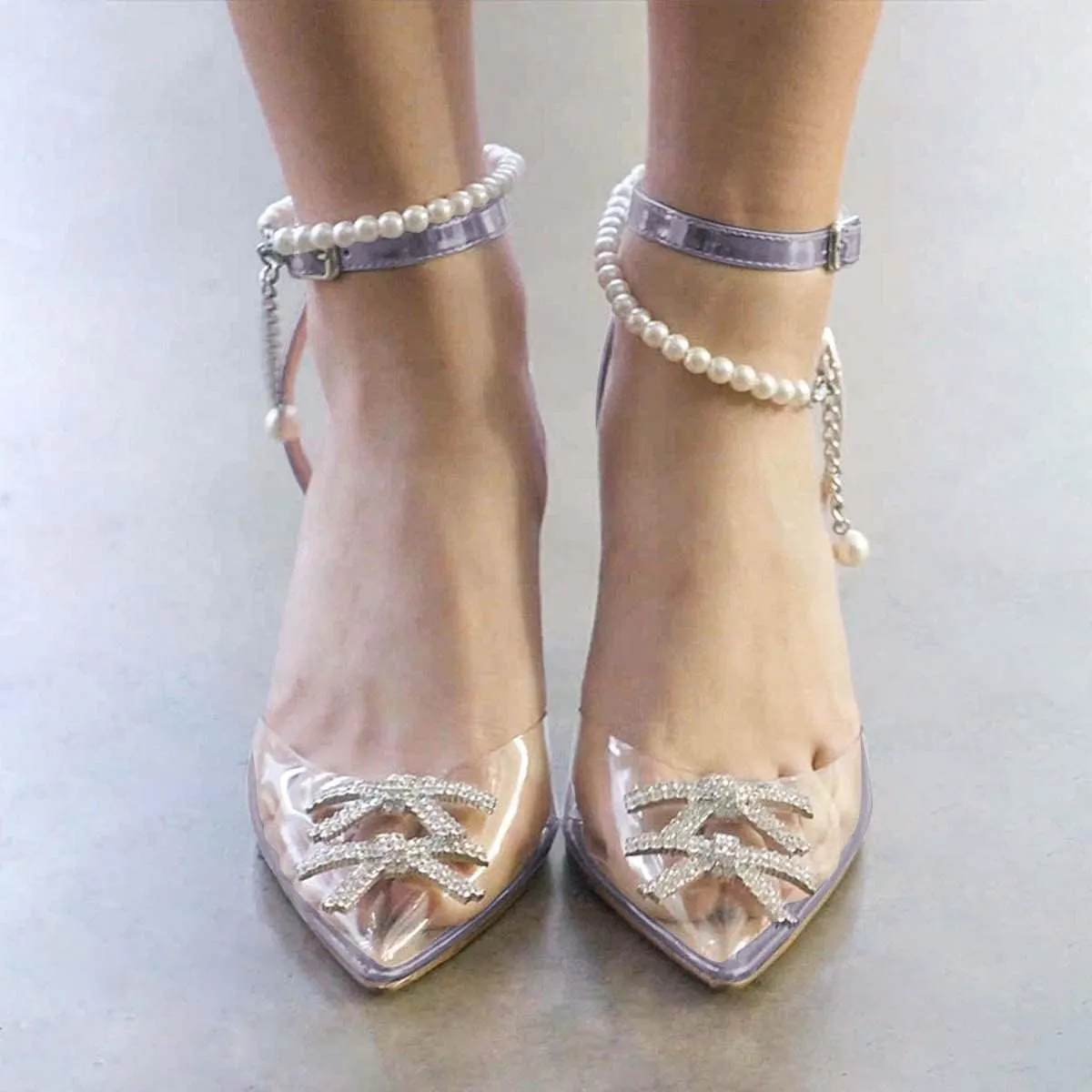 XYD Women Crystal Ankle Strap Pumps High Heel Rhinestone Transparent Pointed Toe Pearls Strappy Slingback Wedding Prom Shoes