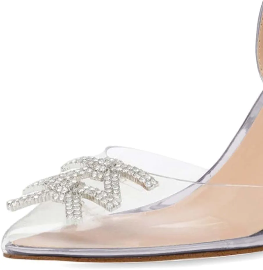 XYD Women Crystal Ankle Strap Pumps High Heel Rhinestone Transparent Pointed Toe Pearls Strappy Slingback Wedding Prom Shoes