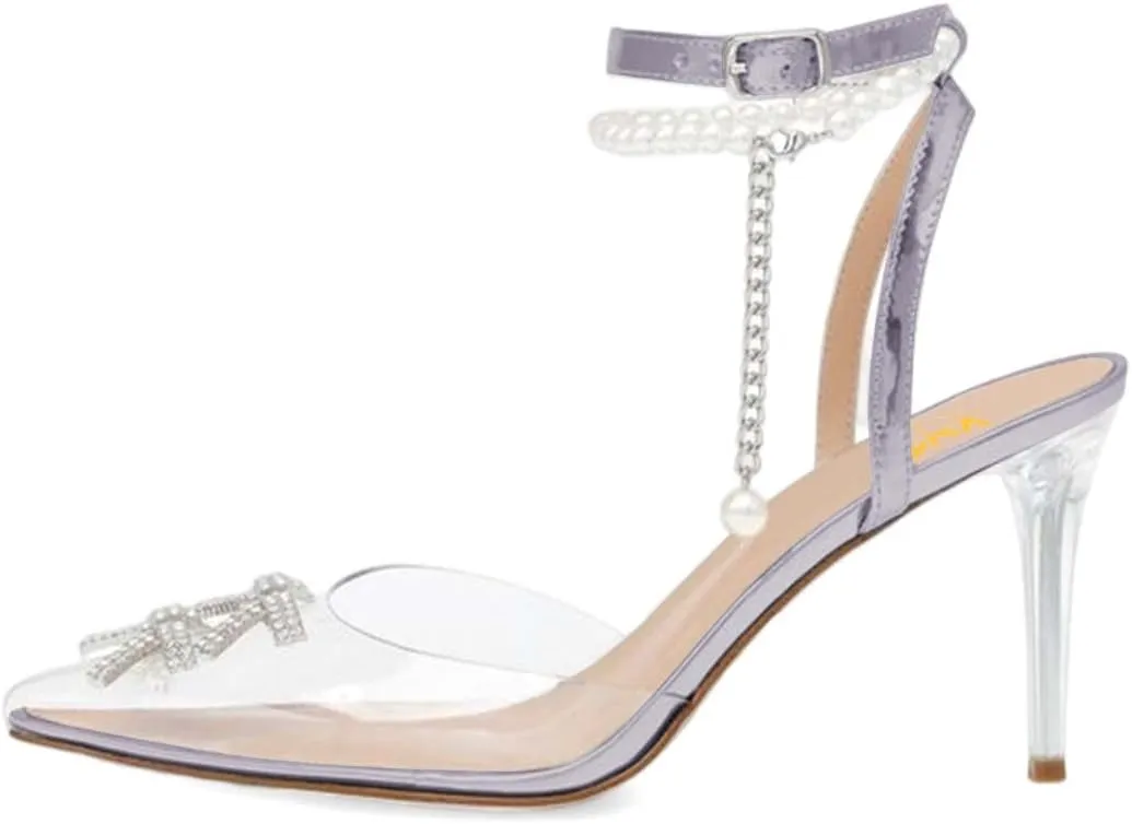 XYD Women Crystal Ankle Strap Pumps High Heel Rhinestone Transparent Pointed Toe Pearls Strappy Slingback Wedding Prom Shoes