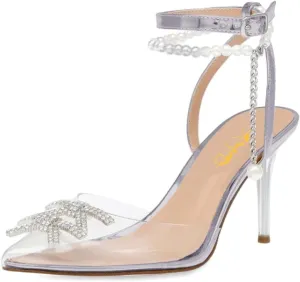 XYD Women Crystal Ankle Strap Pumps High Heel Rhinestone Transparent Pointed Toe Pearls Strappy Slingback Wedding Prom Shoes