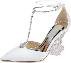 XYD Women Elegant Crystal T-Bar Pumps Pointed Toe Butterfly Block High Heels Ankle Strappy Party Shoes