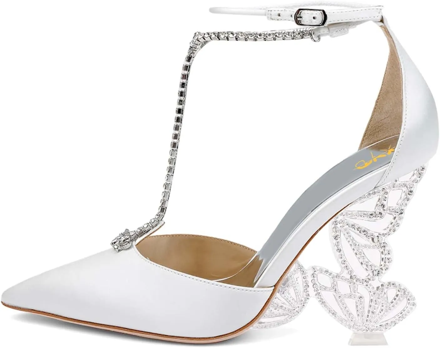 XYD Women Elegant Crystal T-Bar Pumps Pointed Toe Butterfly Block High Heels Ankle Strappy Party Shoes