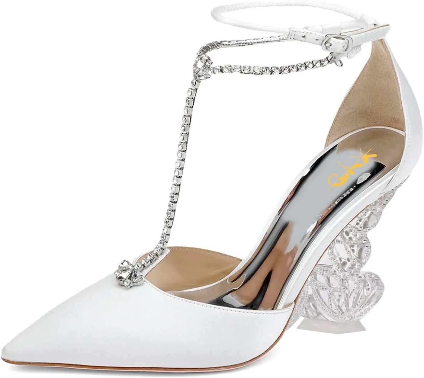 XYD Women Elegant Crystal T-Bar Pumps Pointed Toe Butterfly Block High Heels Ankle Strappy Party Shoes