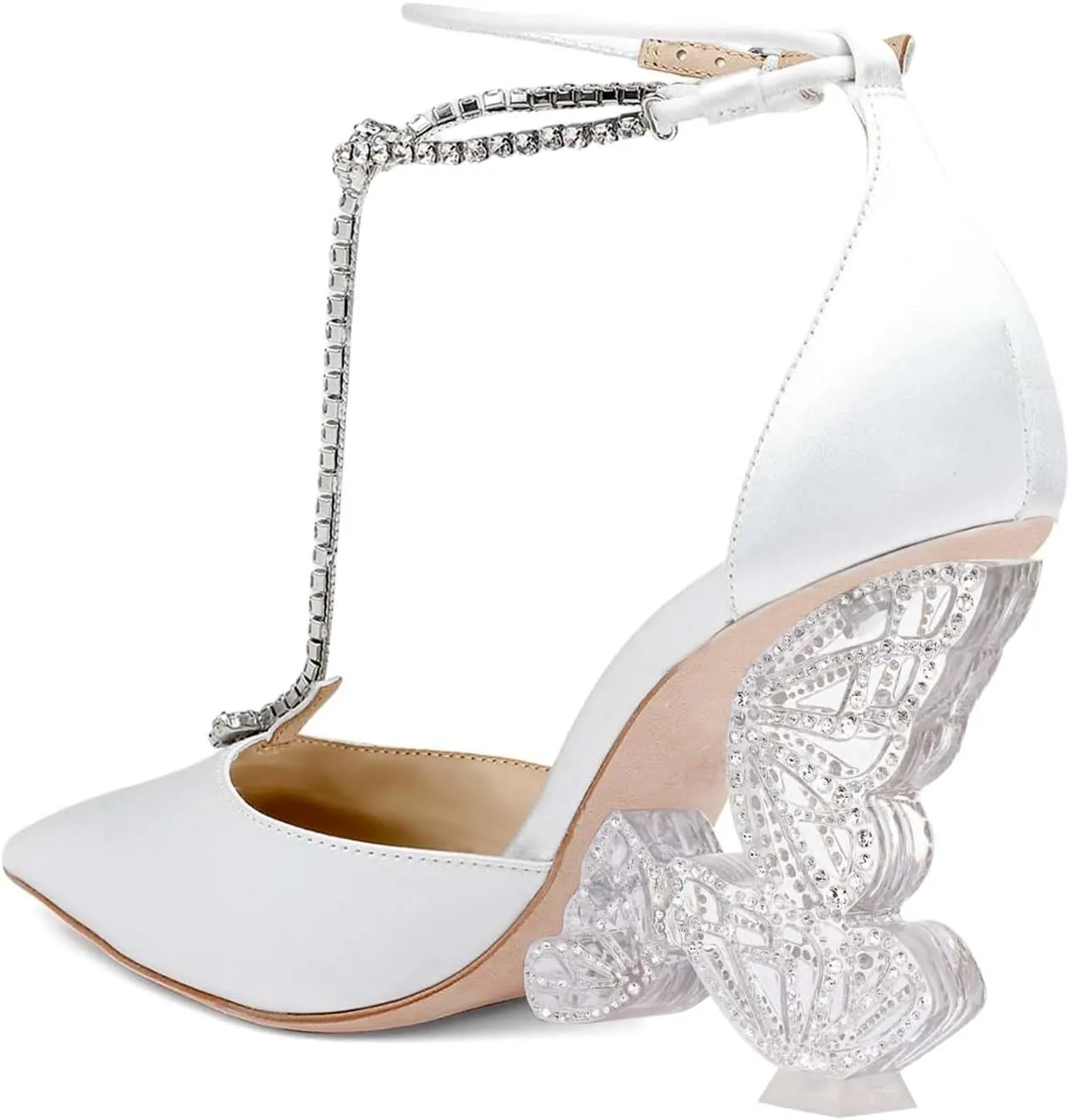 XYD Women Elegant Crystal T-Bar Pumps Pointed Toe Butterfly Block High Heels Ankle Strappy Party Shoes