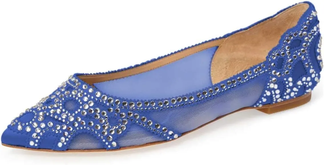 XYD Women Elegant Pointed Toe Rhinestone Flats Mesh Slip-on Crystals Wedding Bride Ballet Shoes