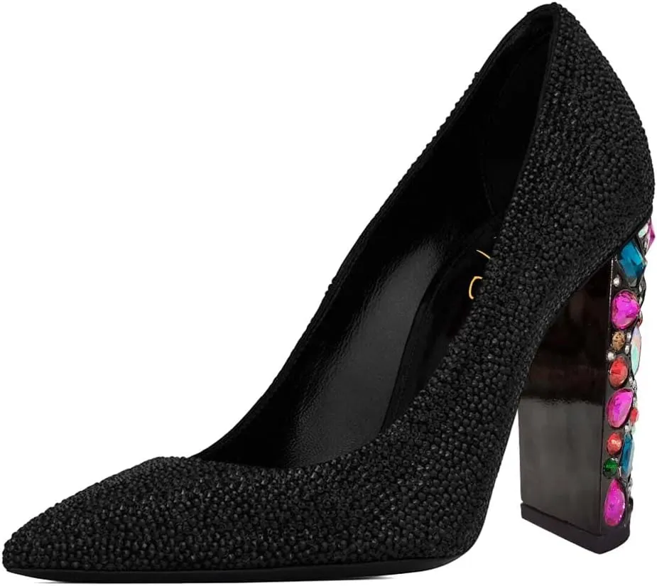 XYD Women Full Rhinestones Closed Pointed Toe Pumps Slip On Studded High Chunky Gem Heel Wedding Dance Prom Shoes