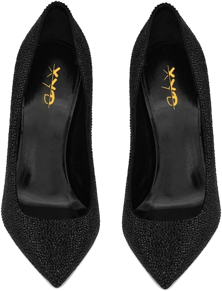 XYD Women Full Rhinestones Closed Pointed Toe Pumps Slip On Studded High Chunky Gem Heel Wedding Dance Prom Shoes