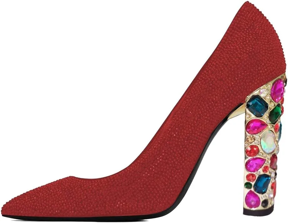 XYD Women Full Rhinestones Closed Pointed Toe Pumps Slip On Studded High Chunky Gem Heel Wedding Dance Prom Shoes