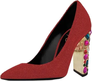 XYD Women Full Rhinestones Closed Pointed Toe Pumps Slip On Studded High Chunky Gem Heel Wedding Dance Prom Shoes