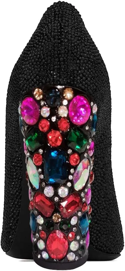 XYD Women Full Rhinestones Closed Pointed Toe Pumps Slip On Studded High Chunky Gem Heel Wedding Dance Prom Shoes
