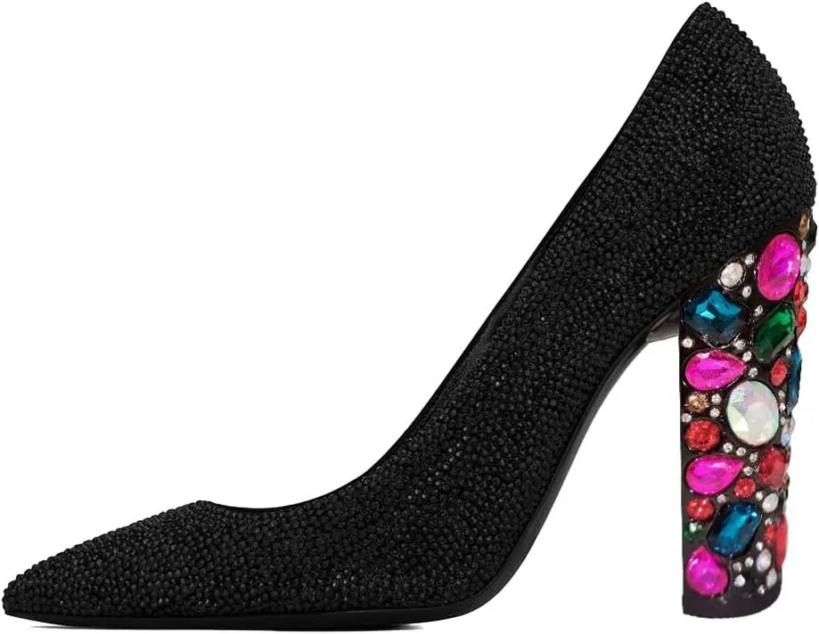 XYD Women Full Rhinestones Closed Pointed Toe Pumps Slip On Studded High Chunky Gem Heel Wedding Dance Prom Shoes