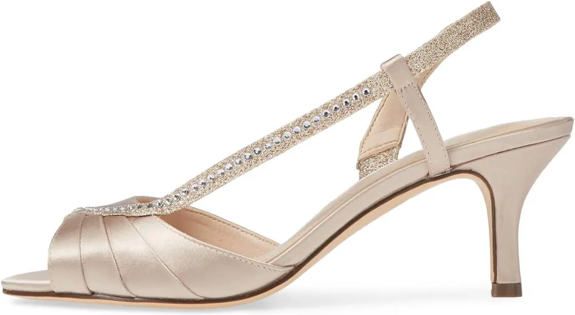 XYD Women Peep Toe Low Heel Sandals Glitter Studded Strap Pleats Slingbacks Wedding Dressy Shoes
