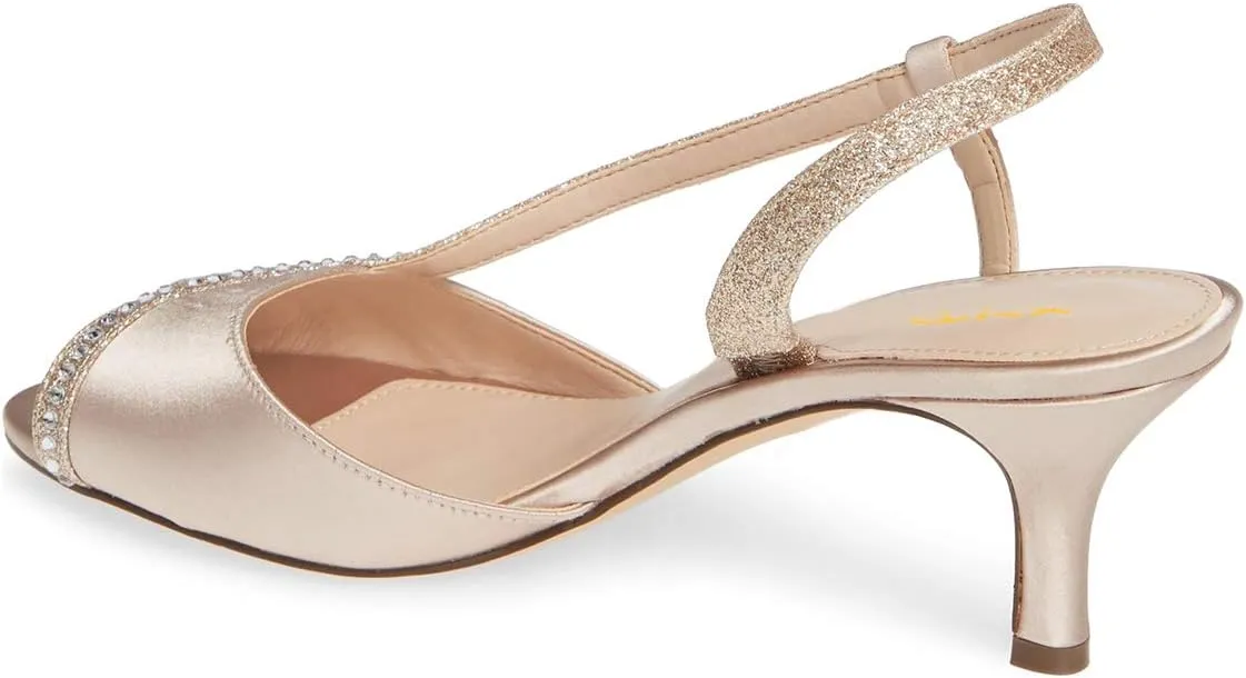 XYD Women Peep Toe Low Heel Sandals Glitter Studded Strap Pleats Slingbacks Wedding Dressy Shoes