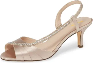 XYD Women Peep Toe Low Heel Sandals Glitter Studded Strap Pleats Slingbacks Wedding Dressy Shoes