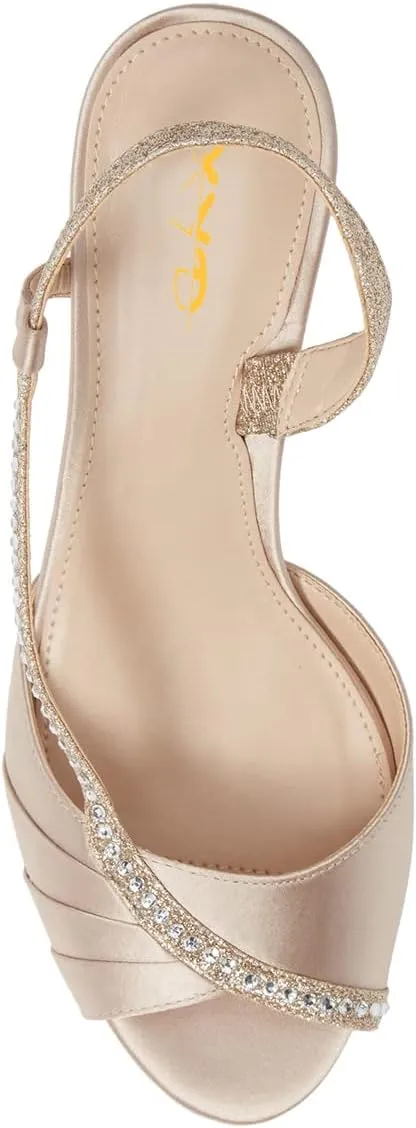 XYD Women Peep Toe Low Heel Sandals Glitter Studded Strap Pleats Slingbacks Wedding Dressy Shoes