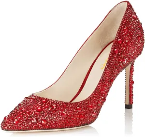 XYD Women Sexy Pointy Toe Crystal Studded Pumps Stiletto High Heel Slip On Ballroom Dress Shoes