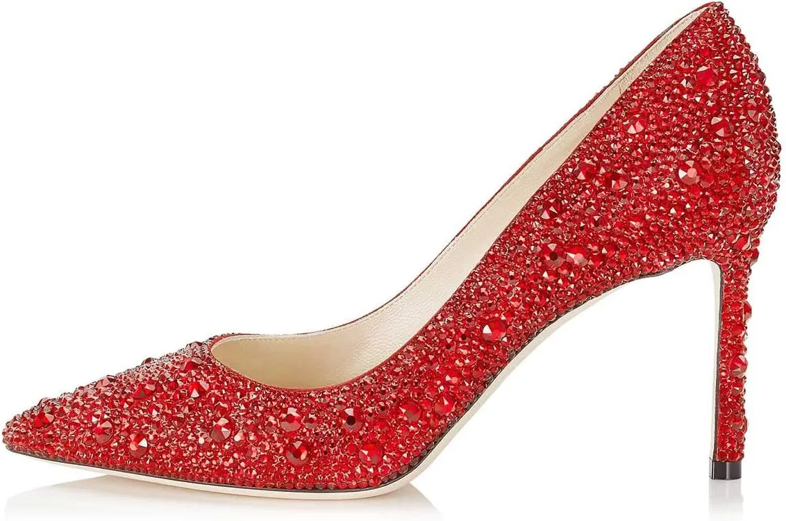 XYD Women Sexy Pointy Toe Crystal Studded Pumps Stiletto High Heel Slip On Ballroom Dress Shoes
