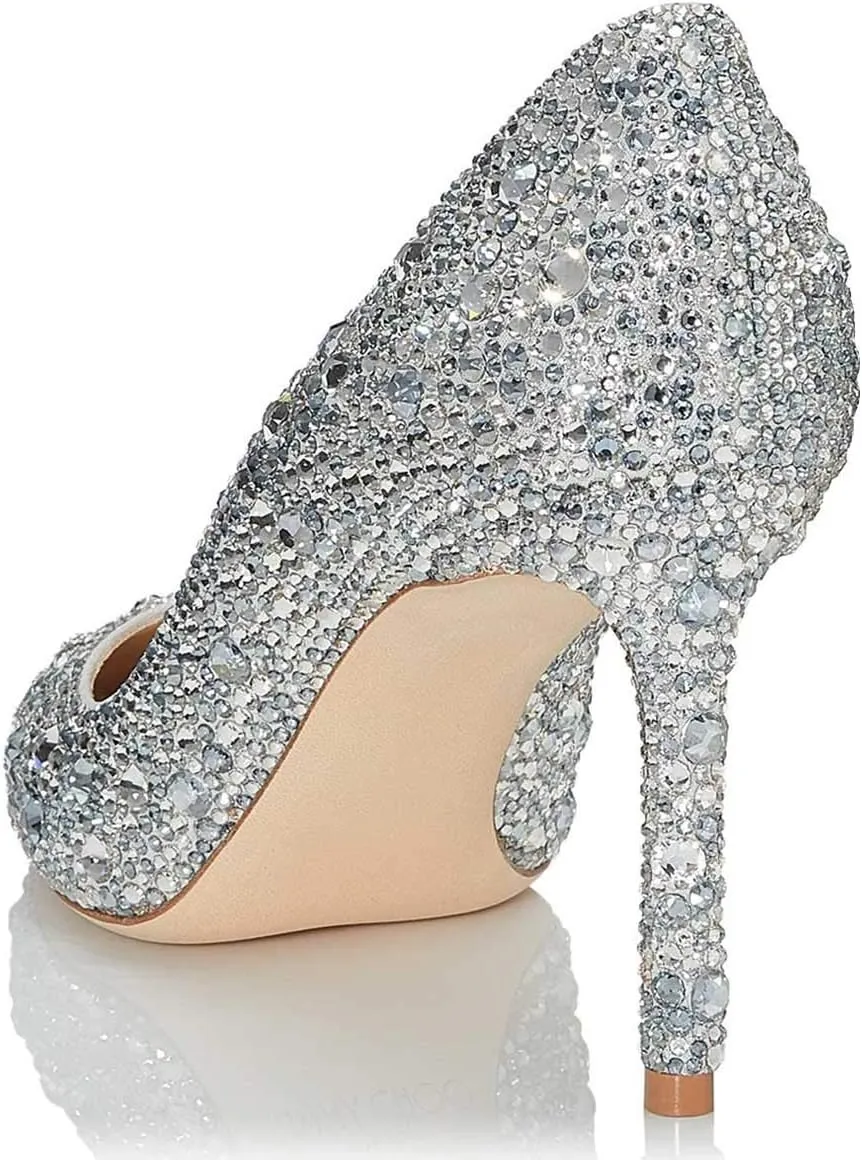 XYD Women Sexy Pointy Toe Crystal Studded Pumps Stiletto High Heel Slip On Ballroom Dress Shoes
