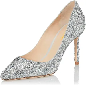 XYD Women Sexy Pointy Toe Crystal Studded Pumps Stiletto High Heel Slip On Ballroom Dress Shoes