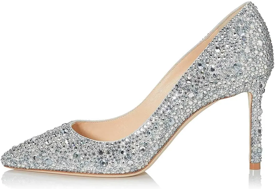 XYD Women Sexy Pointy Toe Crystal Studded Pumps Stiletto High Heel Slip On Ballroom Dress Shoes