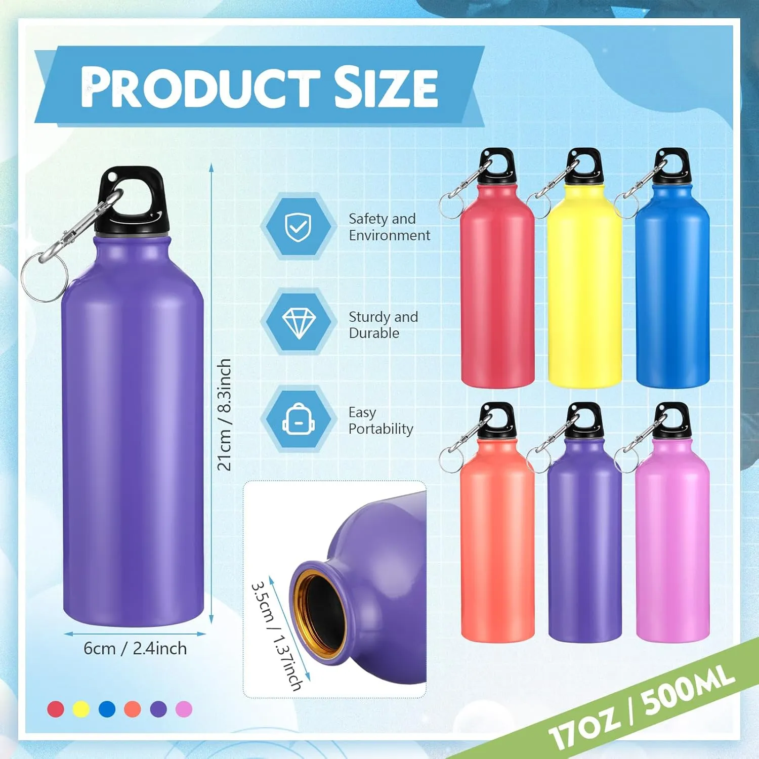 Yaomiao 36 Pcs Lightweight Aluminum Water Bottle Bulk 17 oz Leak Proof Bike Water Sports Bottles with Buckle and Twist Cap Team Reusable for Sports Gym Bicycle Camping(Mix 2)