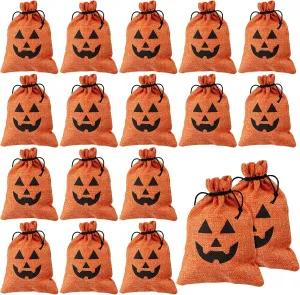 YBB 24 Halloween Pumpkin Burlap Gift Bags with Drawstring, 5 x 7 Inch Treat Bags Linen Goody Candy Pouches for Kids Party Favors