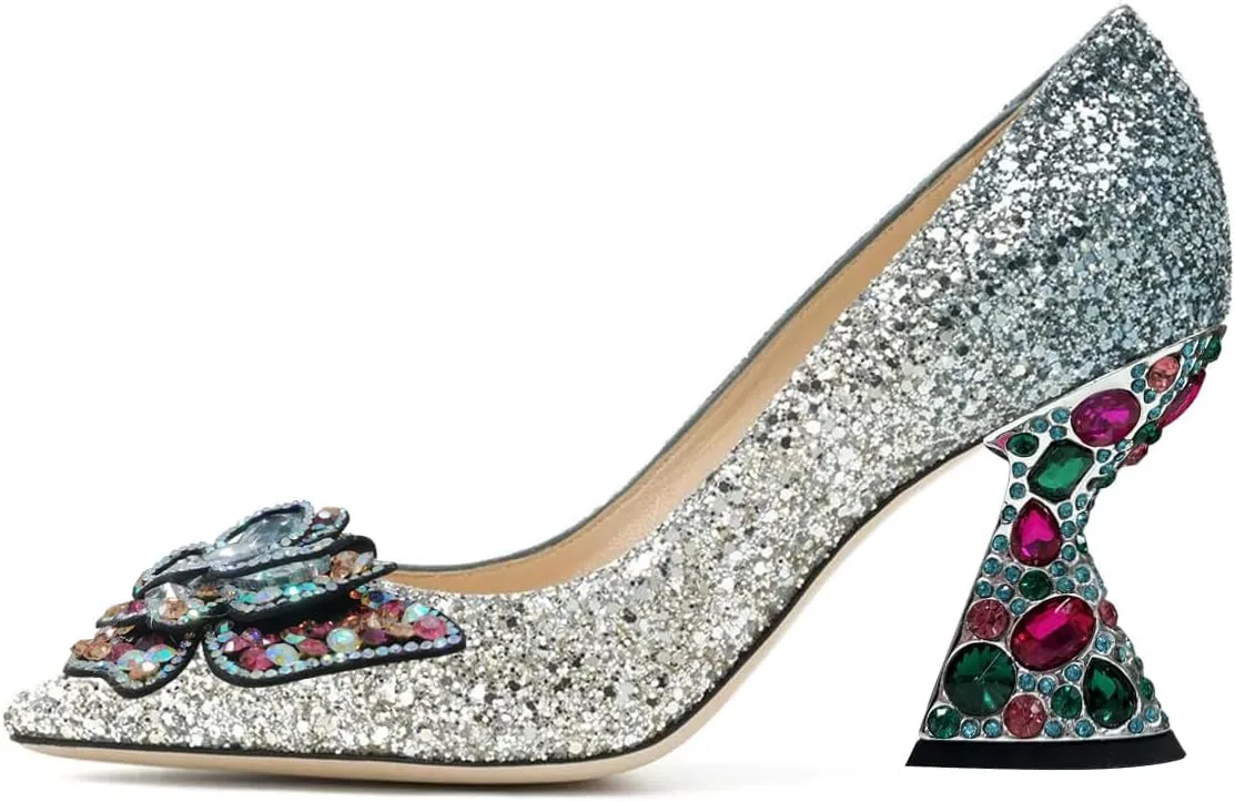 YDN Women Butterfly Pumps Colorful Crystal High Heels Studded Slip On Closed Pointed Toe Dress Shoe Wedding Party Size 4-16 US