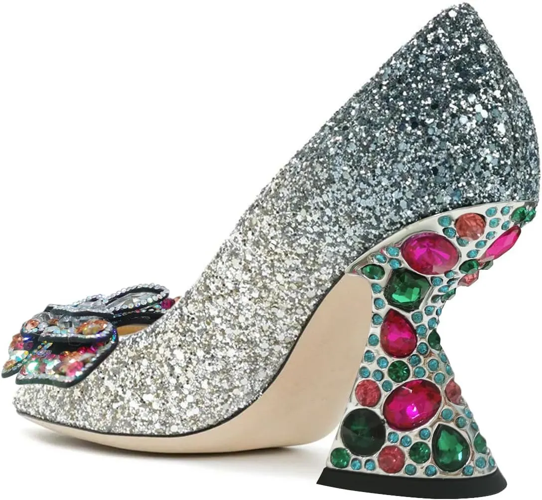 YDN Women Butterfly Pumps Colorful Crystal High Heels Studded Slip On Closed Pointed Toe Dress Shoe Wedding Party Size 4-16 US