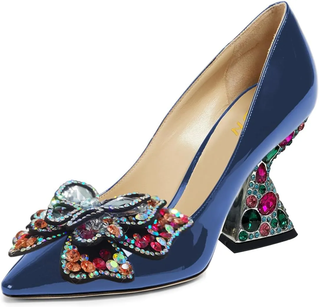 YDN Women Butterfly Pumps Colorful Crystal High Heels Studded Slip On Closed Pointed Toe Dress Shoe Wedding Party Size 4-16 US