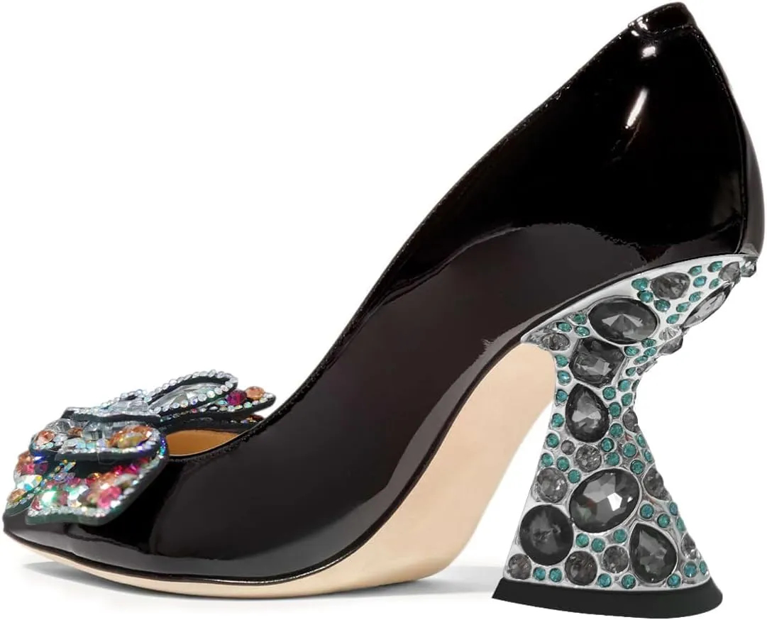 YDN Women Butterfly Pumps Colorful Crystal High Heels Studded Slip On Closed Pointed Toe Dress Shoe Wedding Party Size 4-16 US