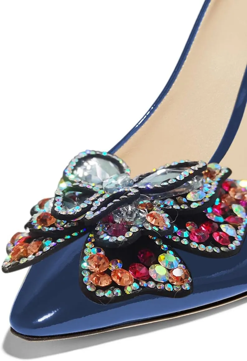 YDN Women Butterfly Pumps Colorful Crystal High Heels Studded Slip On Closed Pointed Toe Dress Shoe Wedding Party Size 4-16 US