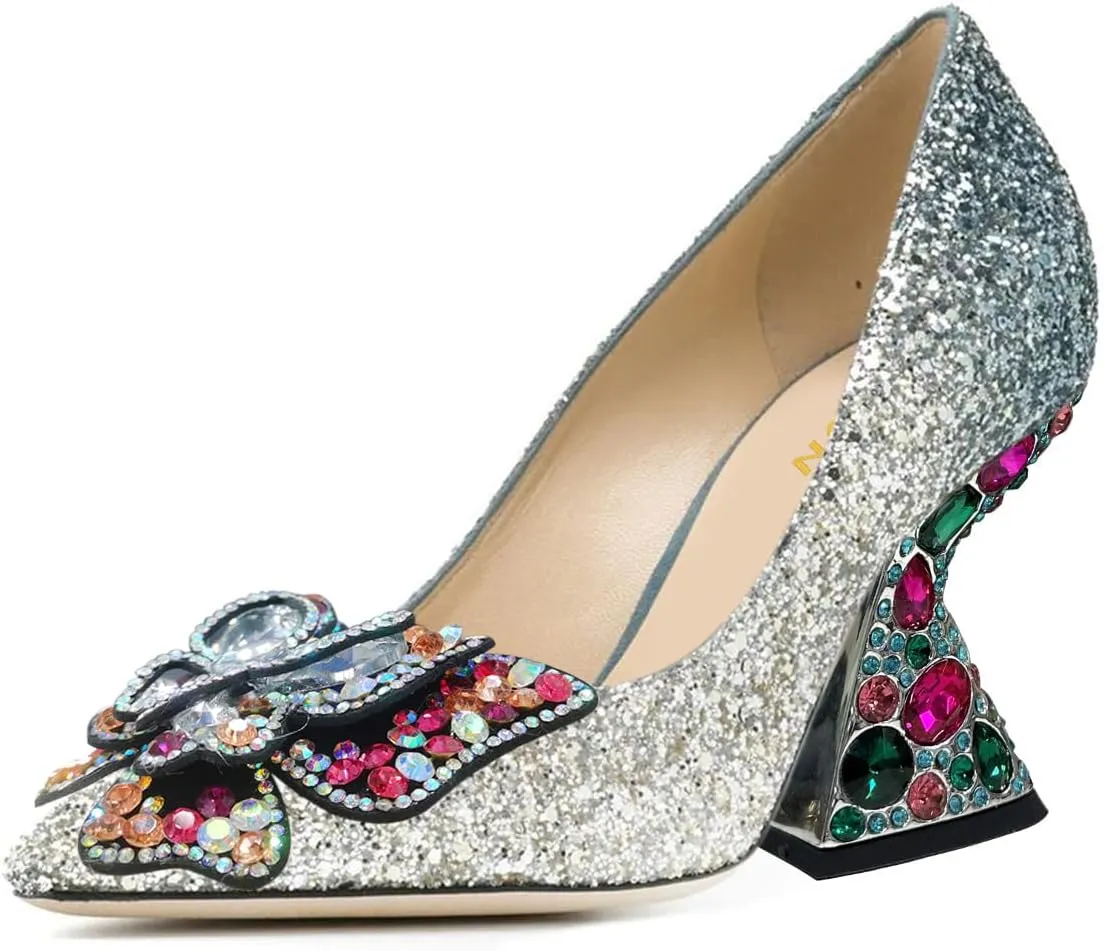 YDN Women Butterfly Pumps Colorful Crystal High Heels Studded Slip On Closed Pointed Toe Dress Shoe Wedding Party Size 4-16 US