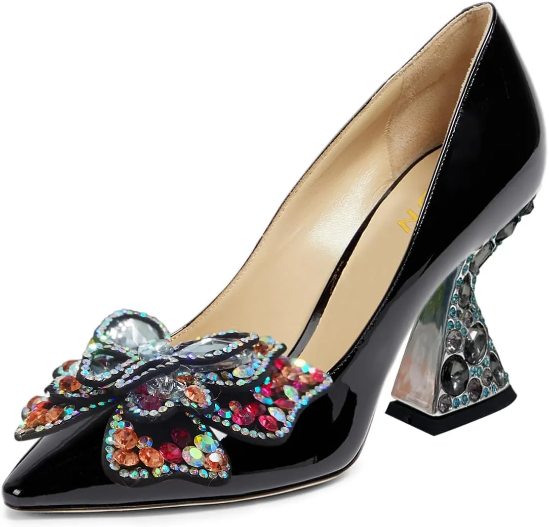 YDN Women Butterfly Pumps Colorful Crystal High Heels Studded Slip On Closed Pointed Toe Dress Shoe Wedding Party Size 4-16 US