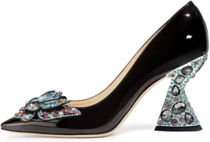 YDN Women Butterfly Pumps Colorful Crystal High Heels Studded Slip On Closed Pointed Toe Dress Shoe Wedding Party Size 4-16 US