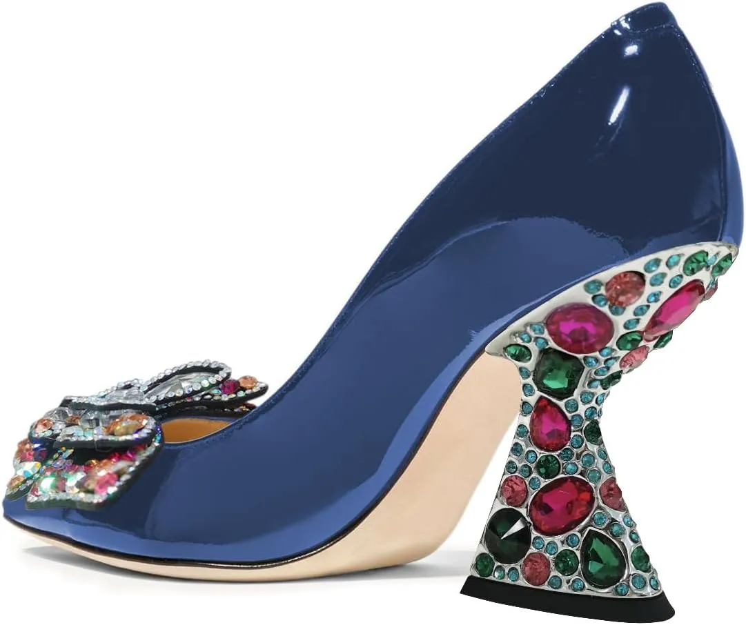 YDN Women Butterfly Pumps Colorful Crystal High Heels Studded Slip On Closed Pointed Toe Dress Shoe Wedding Party Size 4-16 US