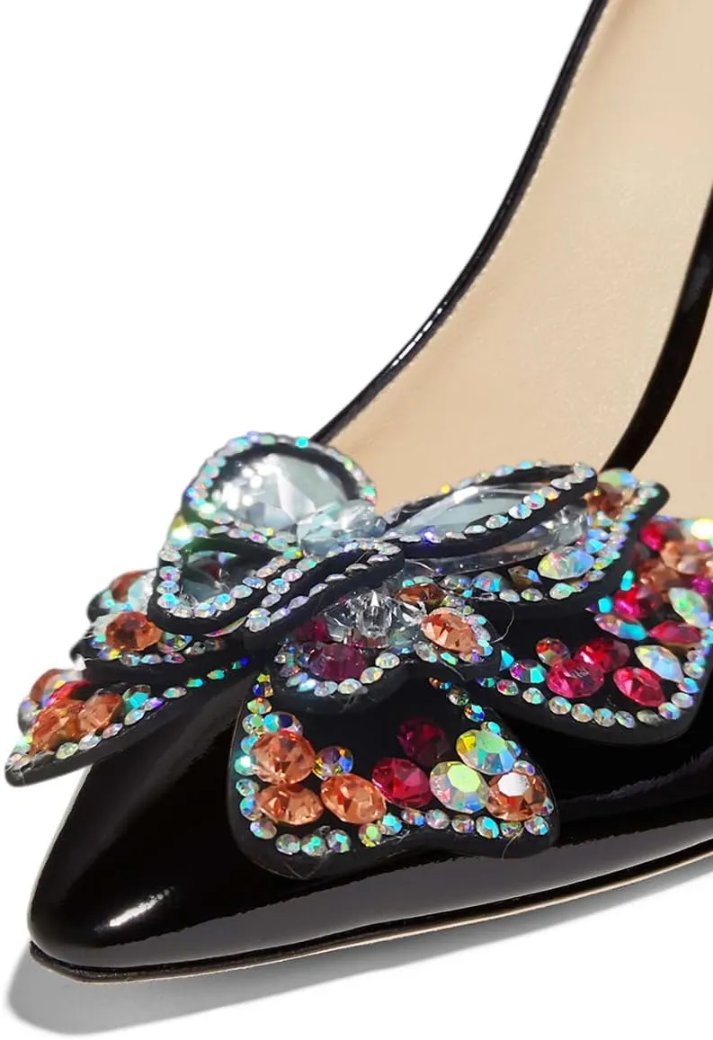 YDN Women Butterfly Pumps Colorful Crystal High Heels Studded Slip On Closed Pointed Toe Dress Shoe Wedding Party Size 4-16 US