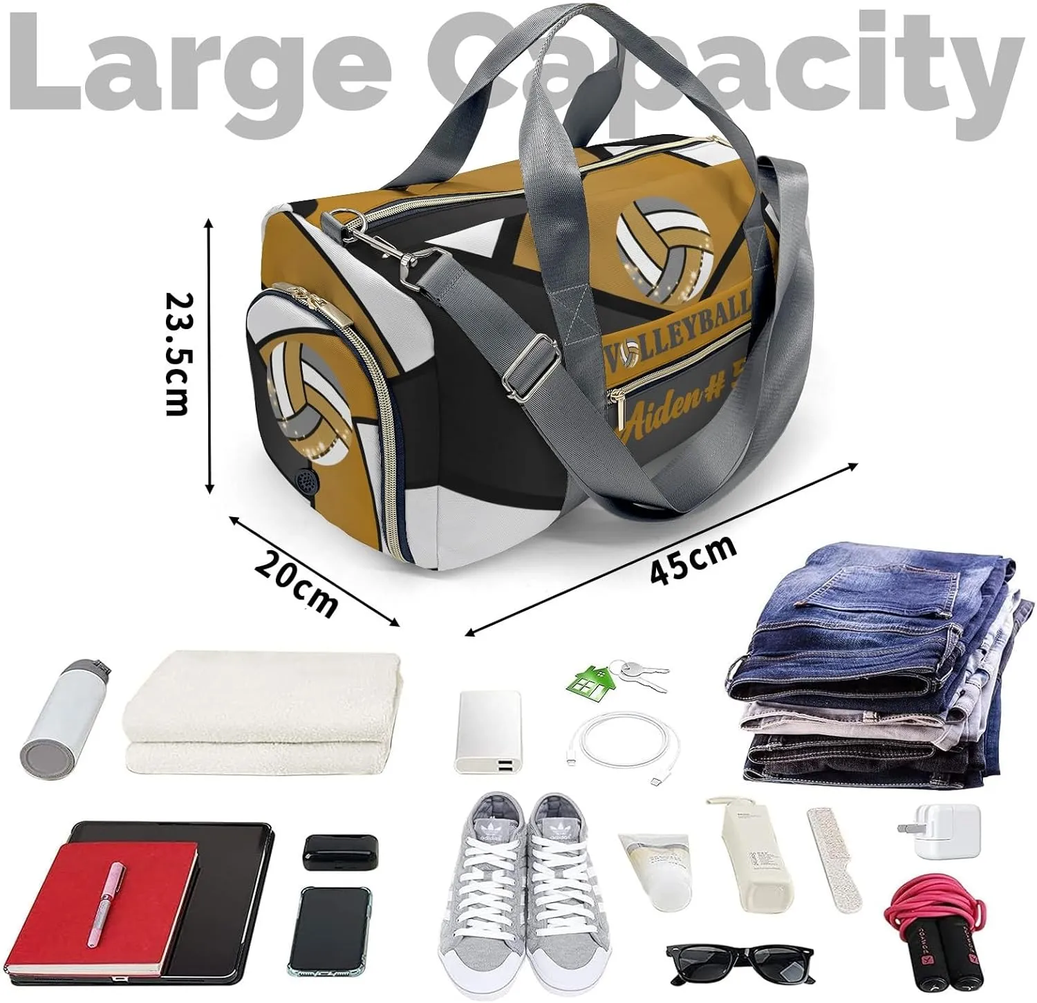 Yellow Brown Volleyball Waterproof Duffel Bag Gym Dance Sport Perform Training Travel Bag for Boys Girls Teens Women Men