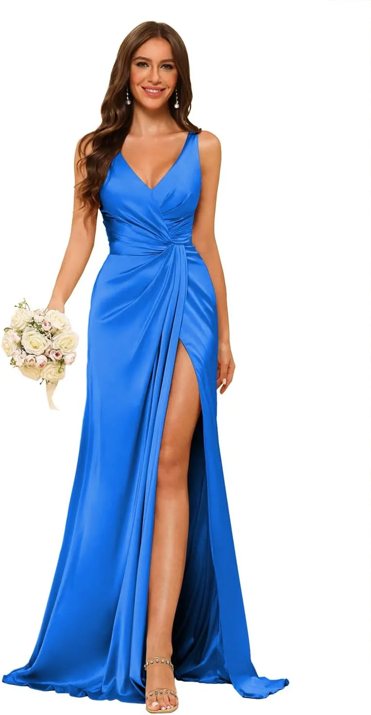 YMSHA Women's V Neck Bridesmaid Dresses with Slit Ruched Waist Satin Pleated Formal Party Dress YMS277