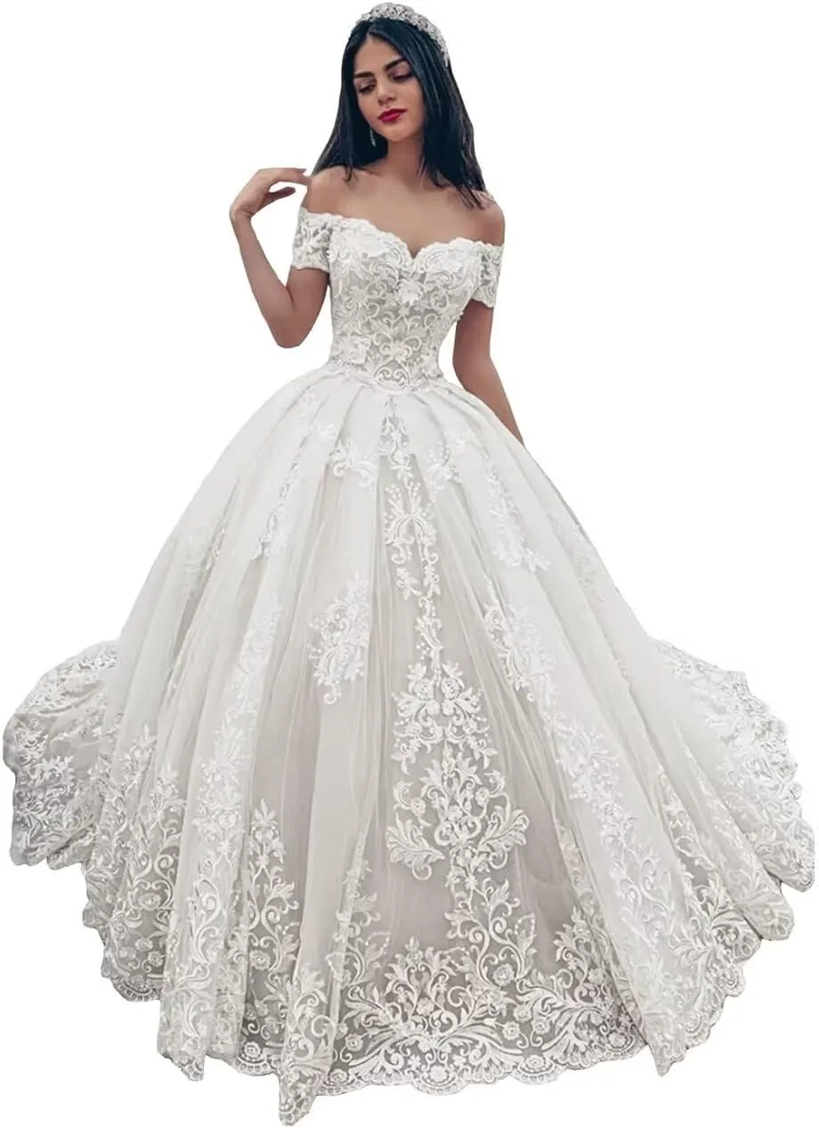 Youjiayi Long Off The Shoulder Wedding Dresses for Bride Princess A-Line Lace Bridal Gowns Sweetheart Tulle Wedding Gowns