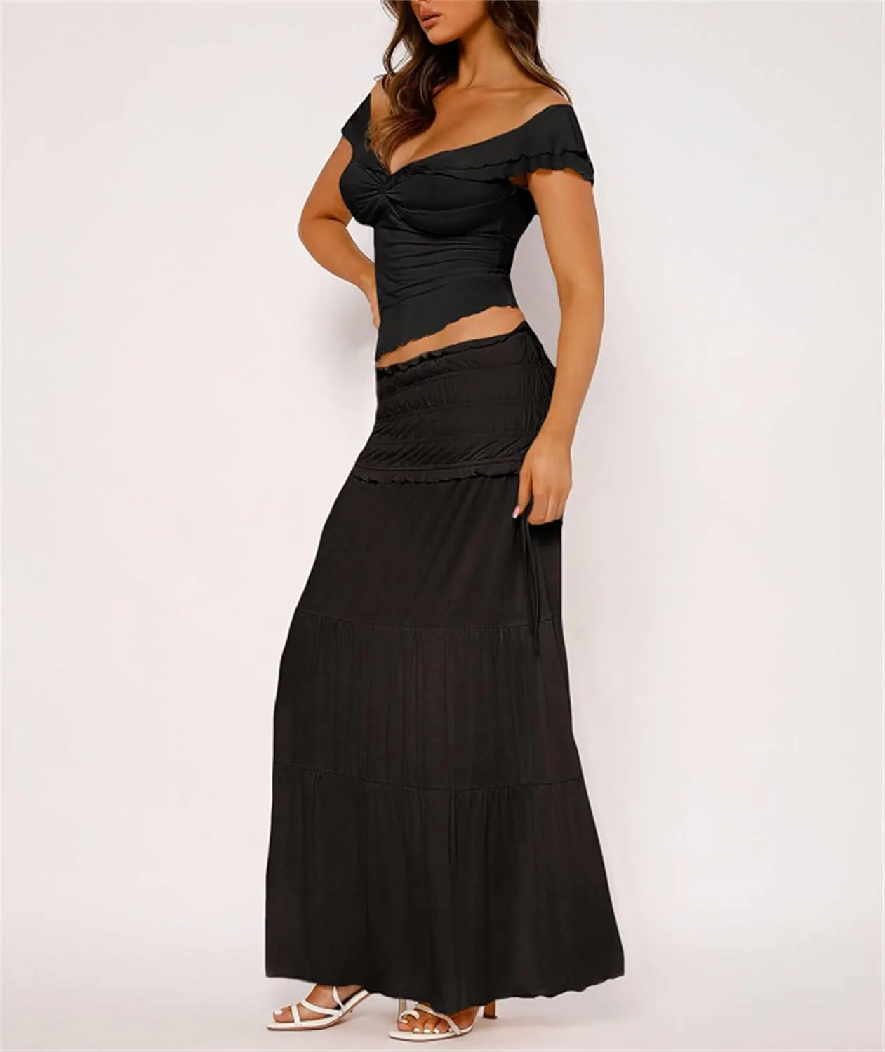 Yuemengxuan Women Going out Maxi Skirts Set Low Cut Lace Trim Cami Top Crop Top High Waist Bodycon Maxi Skirt 2Pcs Outfits